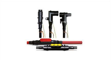 Es sind verschiedene elektrische Kabelverbindungssysteme und Anschlussstecker für Mittelspannung abgebildet.